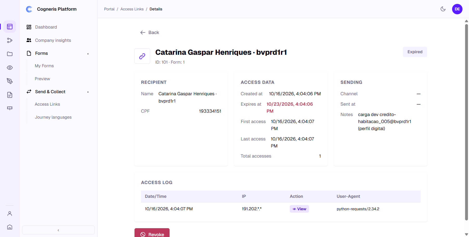 Os detalhes de um link de acesso: destinatário, dados de acesso, envio e o registro de acessos
