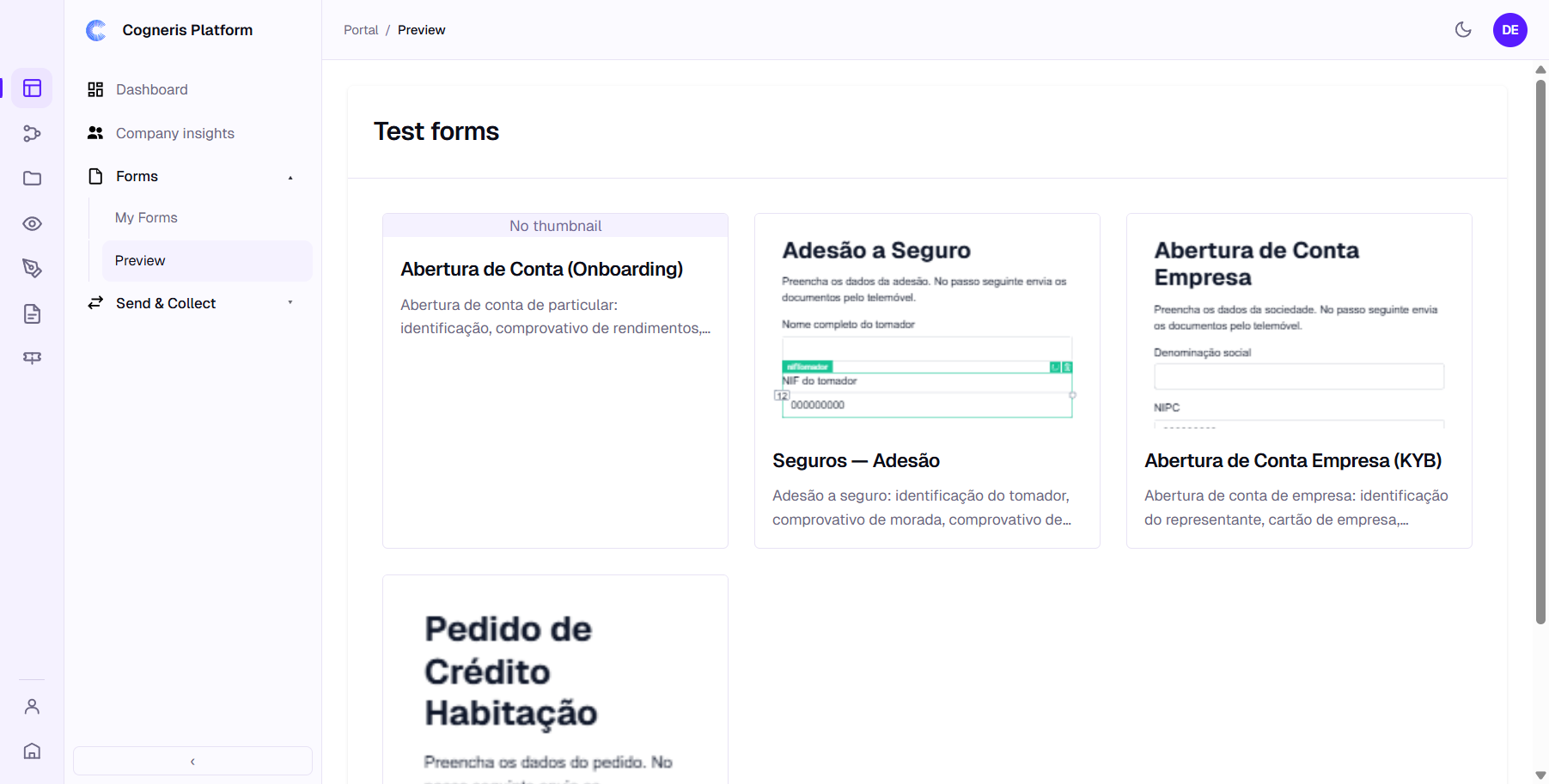 A página de formulários de teste, com um cartão por formulário
